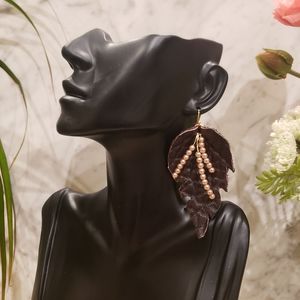Genuine leather and bead earrings